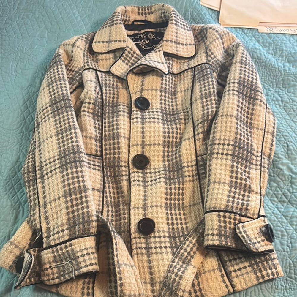 Me Jane Cream and Gray Plaid Pea Coat